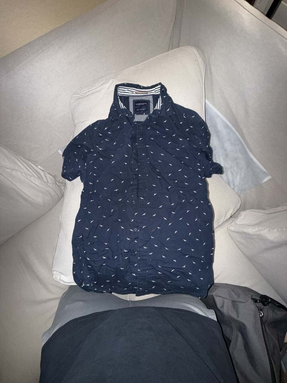 Denim & Flower Button Up Shirt Size M Blue White Seagull Print